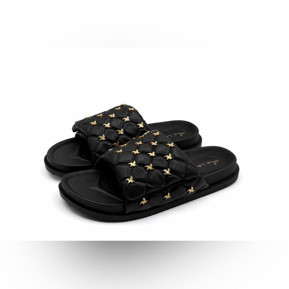 She Is Cheval Black Quilted Slide Sandals W/Gold Accents Comfort Designer Style - Picture 3 of 17